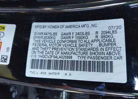 2020 Honda Accord Ex-L 2.0T from USA, damaged, VIN 1HGCV2F54LA025898